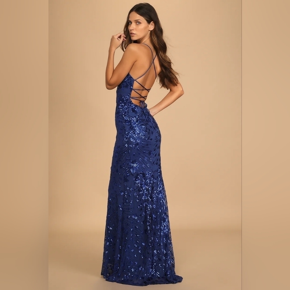 Lulus Photo Finish Royal Blue Sequin Lace-Up Maxi Dress Wedding Party Prom - Picture 4 of 11